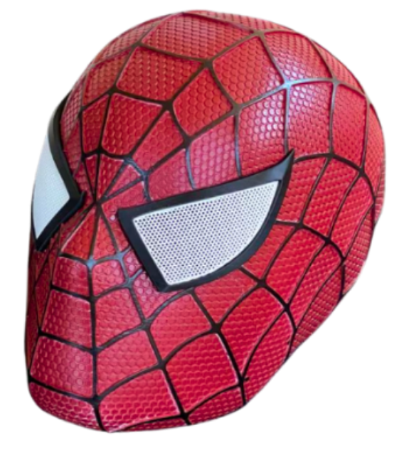 A red and black Spider-Man style mask with a textured pattern and white eye cutouts, shown on a plain white background.