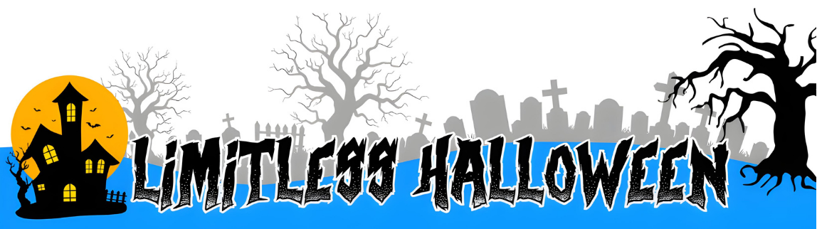 Halloween banner graphic with the text 'Limitless Halloween' in stylized black-and-white lettering, a yellow full moon, a haunted house, bare trees, and tombstones on a white background with a blue strip at the bottom.