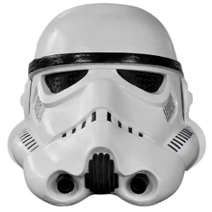 A white Stormtrooper helmet mask with black visor details, photographed against a solid white background.