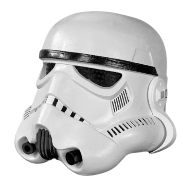 A white Stormtrooper helmet from Star Wars, shown from a three-quarters angle on a solid white background.